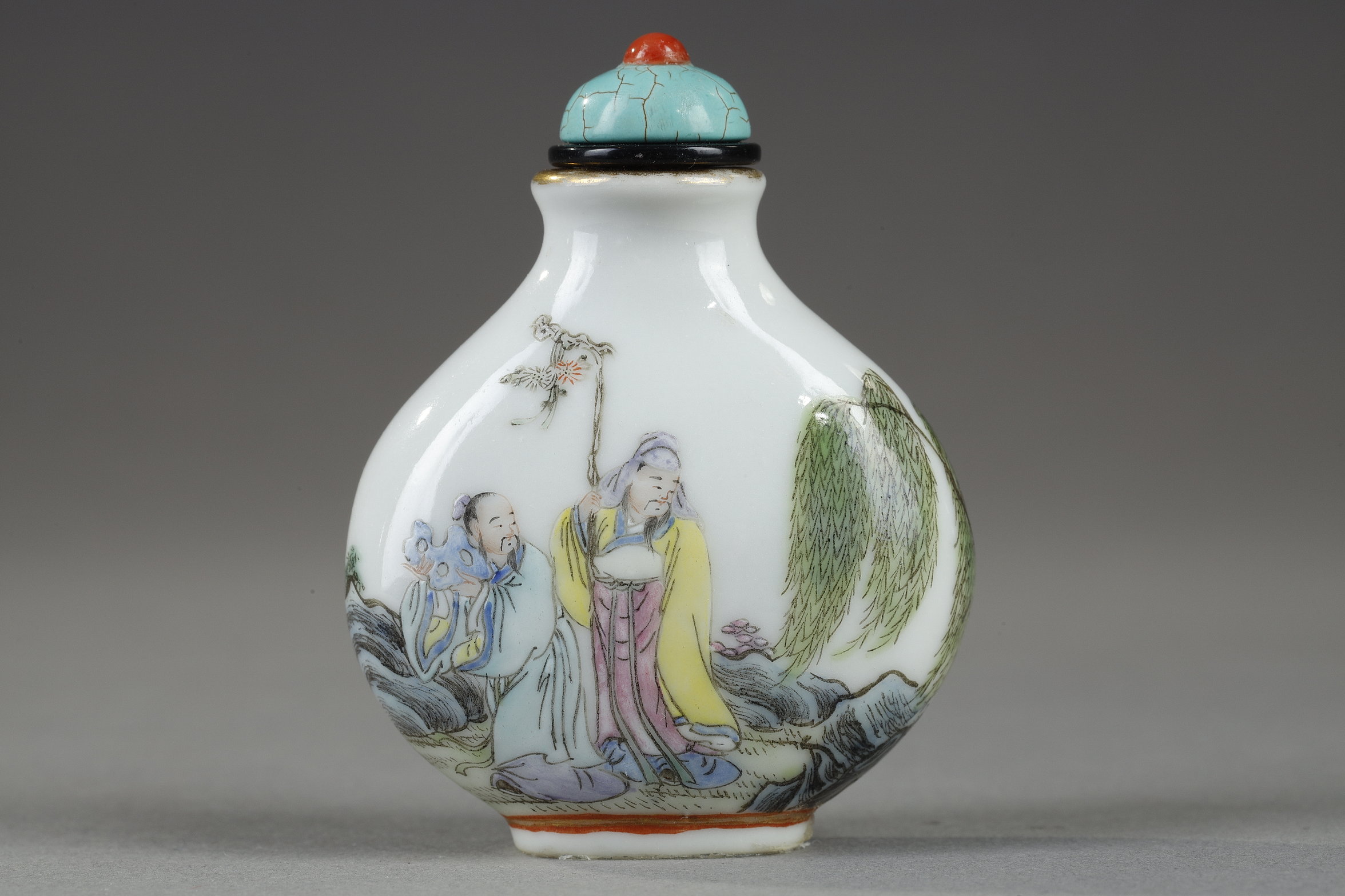 Baluster shaped porcelain snuffbottle  with characters decor in a landscape on each side China 1890/1930 qianlong mark in iron red